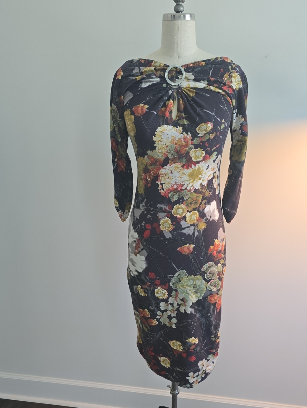 Just Cavalli Black Floral Midi Dress with Ring Detail
